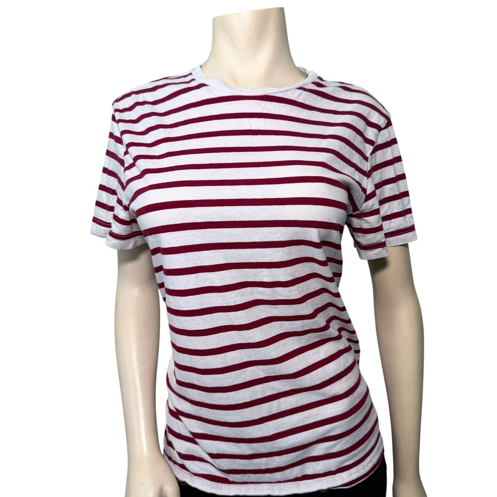 H&M Striped T-Shirt Women Medium White Burgundy Excellent Regular Fit Cotton